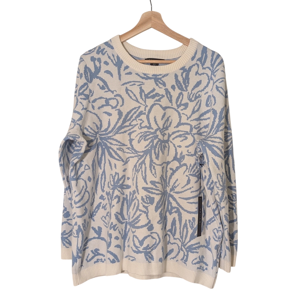 NWT Tahari Blue and Cream Crew Neck Sweater with Floral Design